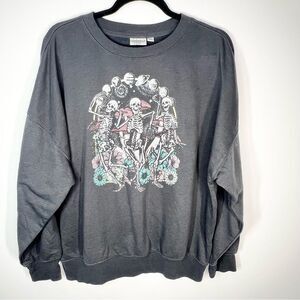 Mighty Fine Dancing Skeleton Floral Mushroom Planets Crewneck Sweatshirt Medium